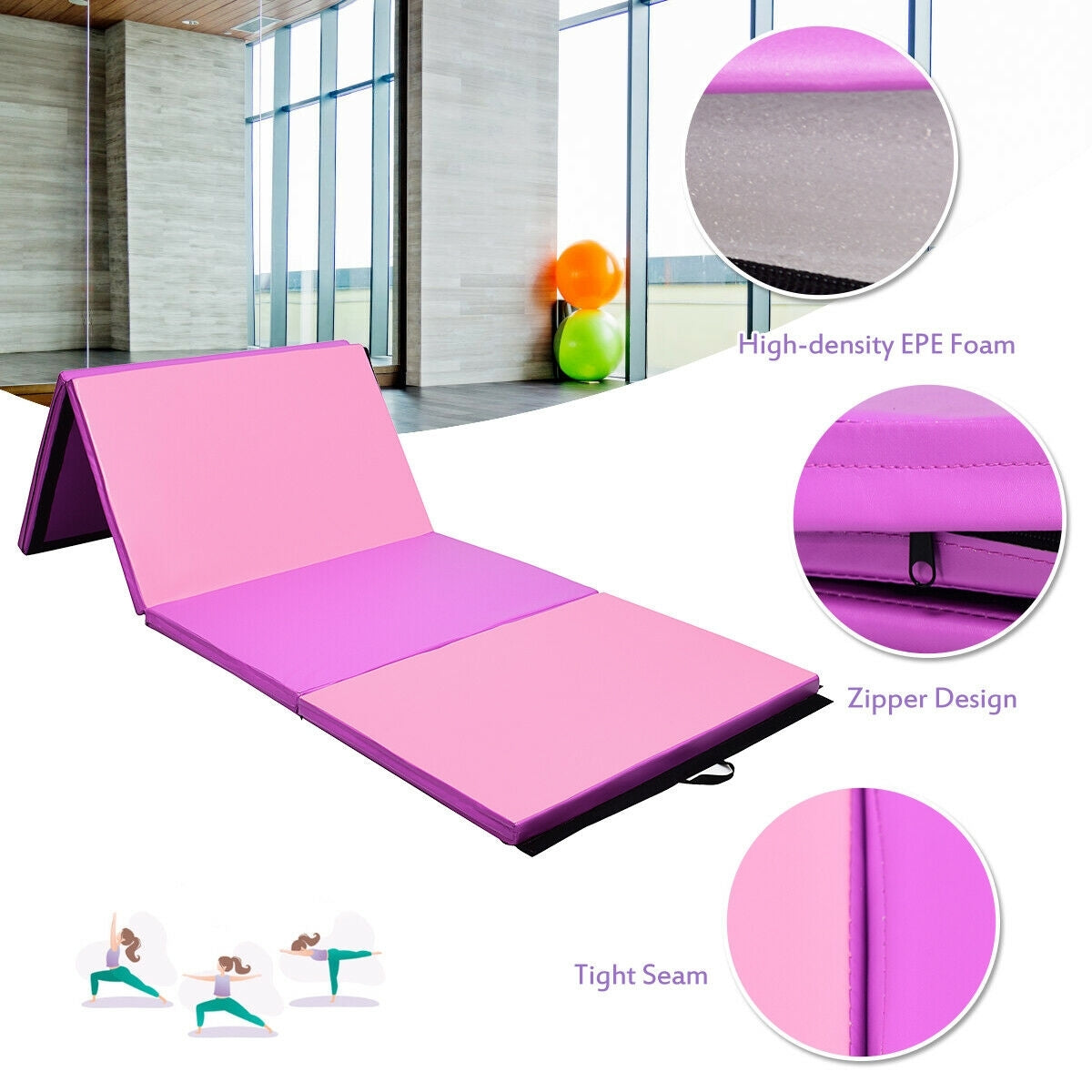 4 Feet x 10 Feet Thick Folding Panel Gymnastics Mat-Pink & Purple Kids Crystal
