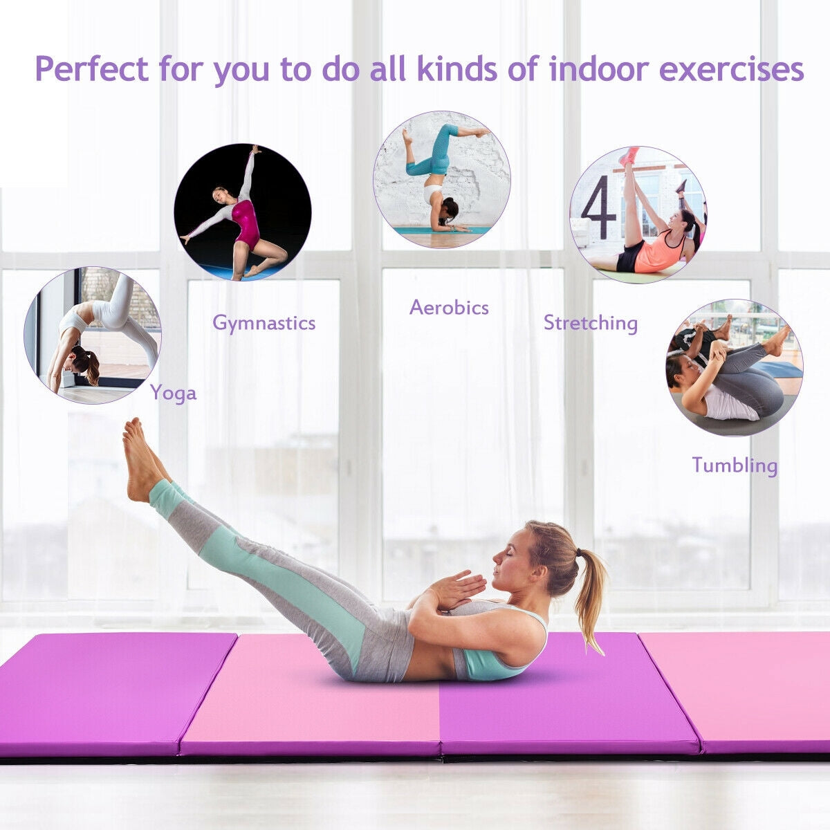 4 Feet x 10 Feet Thick Folding Panel Gymnastics Mat-Pink & Purple Kids Crystal