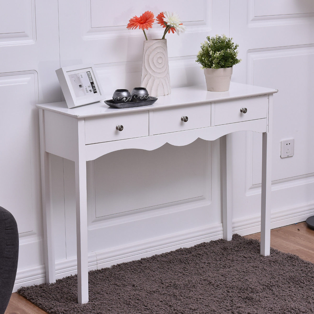 Side Sofa Table with Storage 3-Drawers-White Kids Crystal