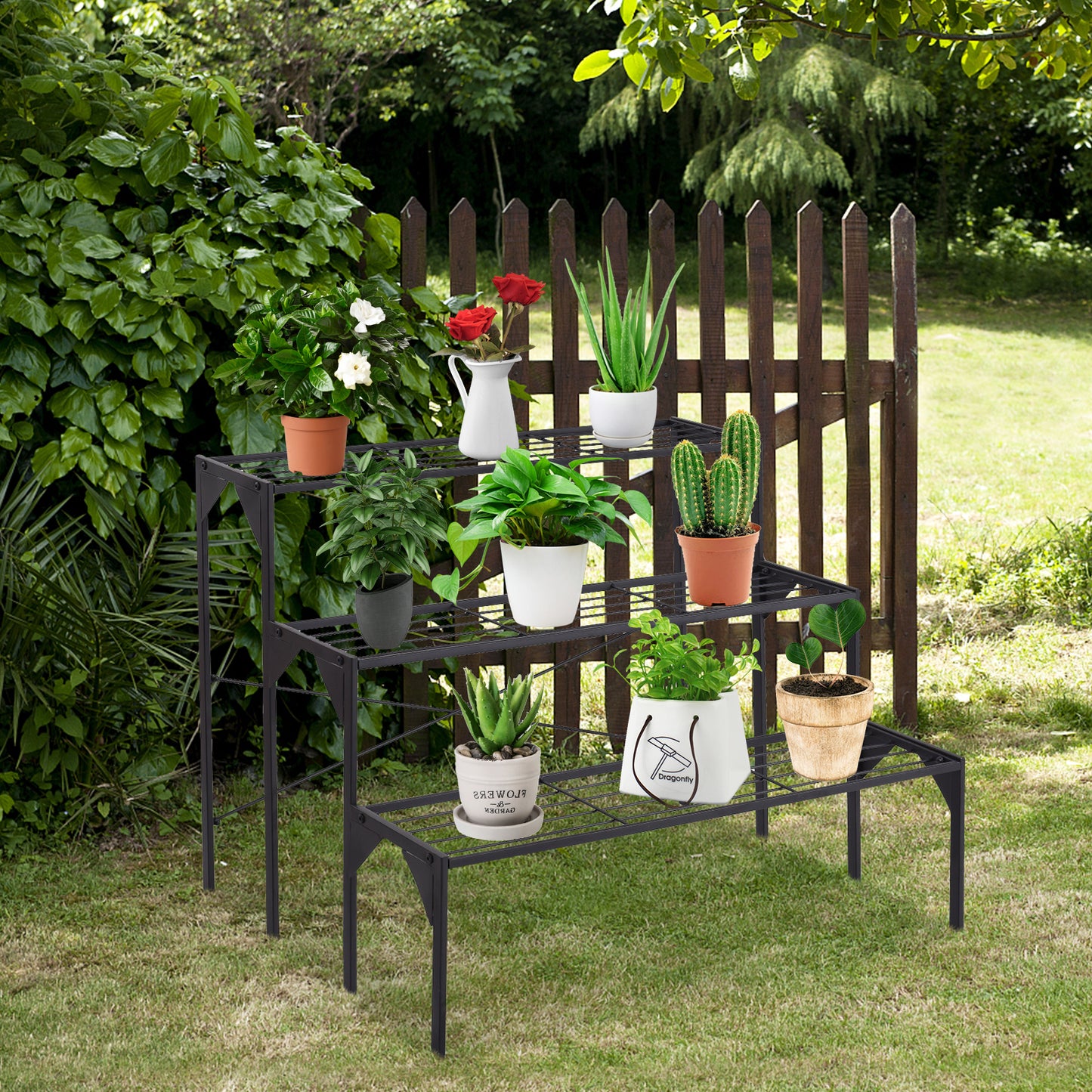 Outdoor 3 Tier Metal Plant Stand with Heavy Duty Rack for Multiple Use Kids Crystal