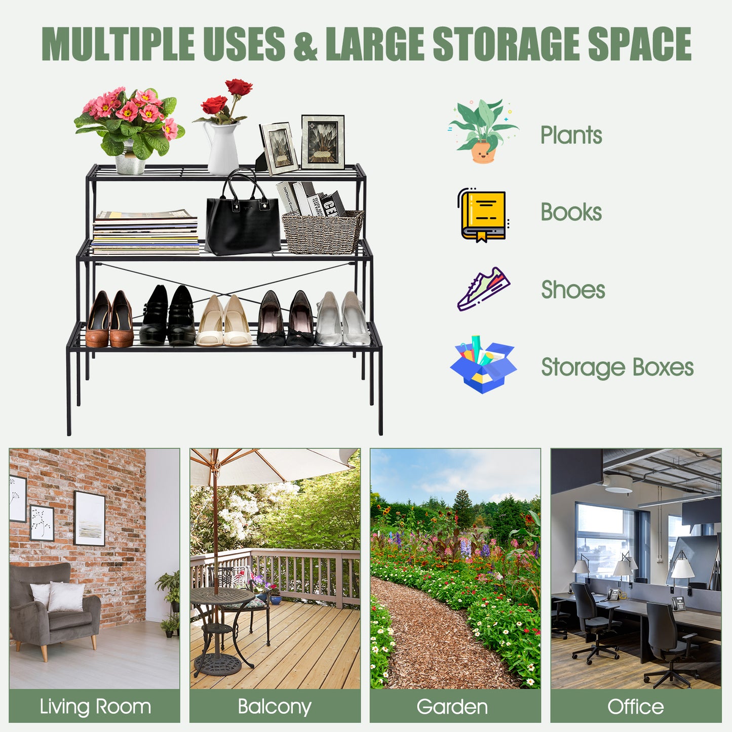 Outdoor 3 Tier Metal Plant Stand with Heavy Duty Rack for Multiple Use Kids Crystal