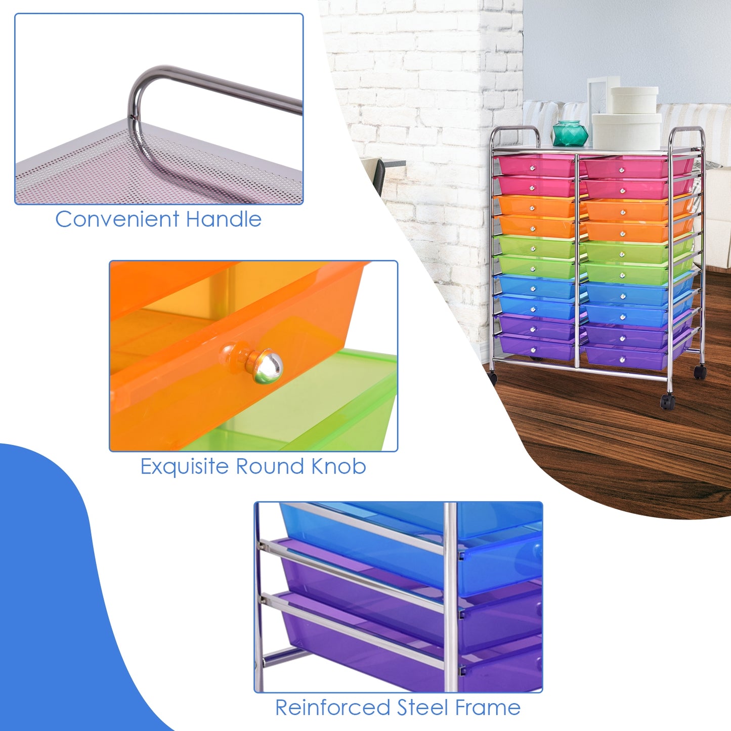 20 Drawers Storage Rolling Cart Studio Organizer-Multicolor Kids Crystal