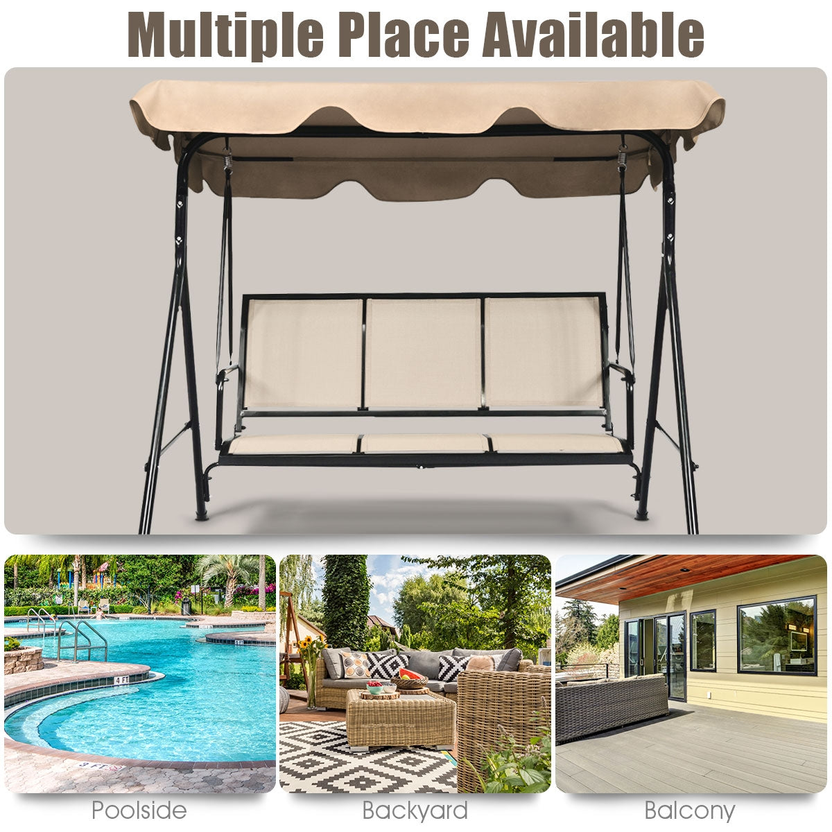 3 Person Steel Frame Patio Swing with Polyester Angle and Adjustable Canopy-Brown Kids Crystal