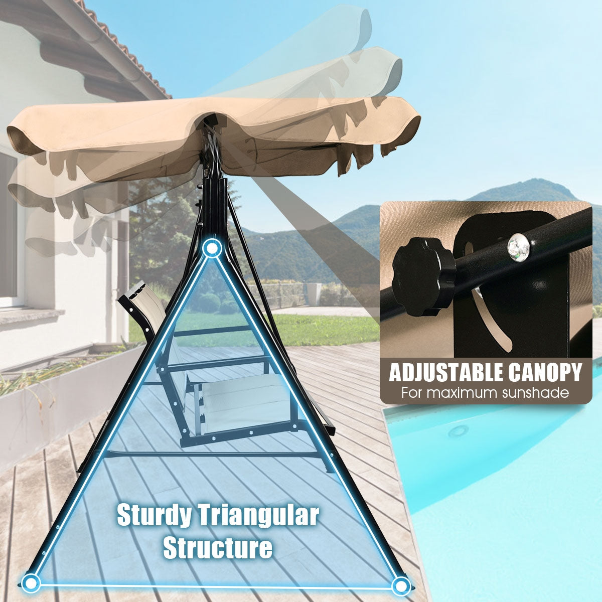 3 Person Steel Frame Patio Swing with Polyester Angle and Adjustable Canopy-Brown Kids Crystal