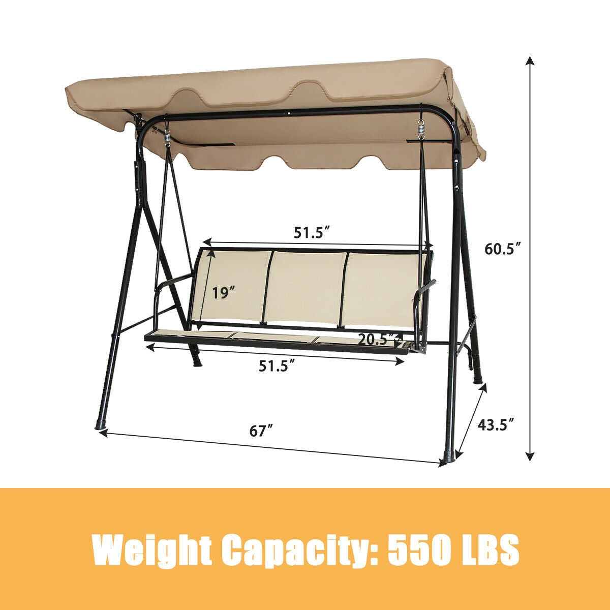 3 Person Steel Frame Patio Swing with Polyester Angle and Adjustable Canopy-Brown Kids Crystal