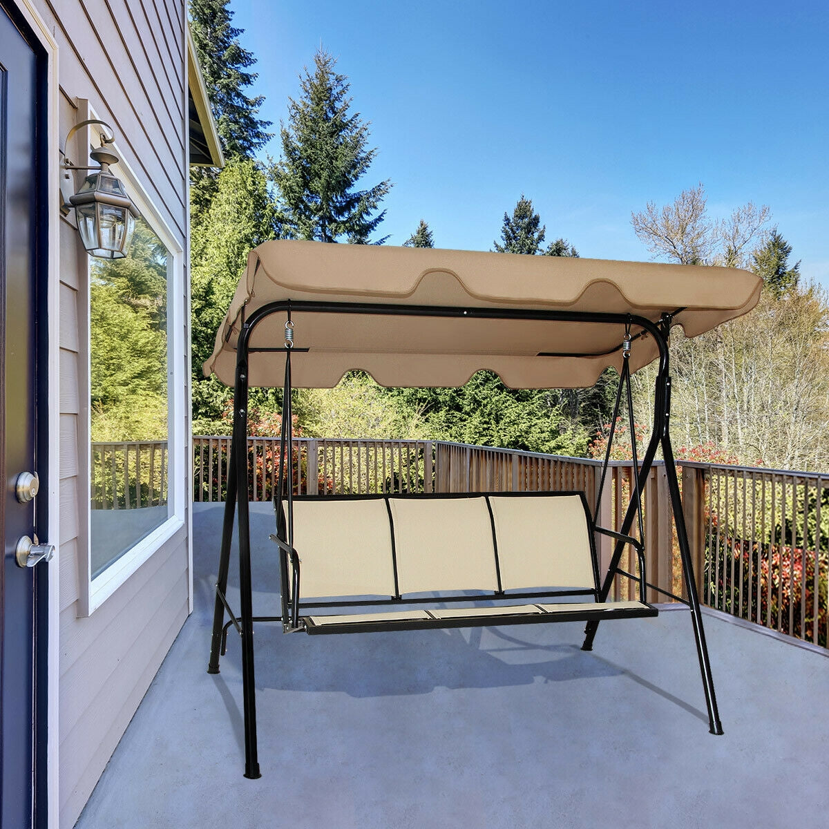 3 Person Steel Frame Patio Swing with Polyester Angle and Adjustable Canopy-Brown Kids Crystal