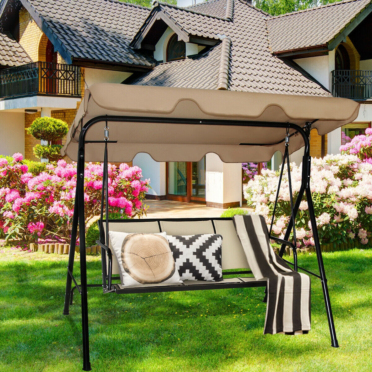 3 Person Steel Frame Patio Swing with Polyester Angle and Adjustable Canopy-Brown Kids Crystal