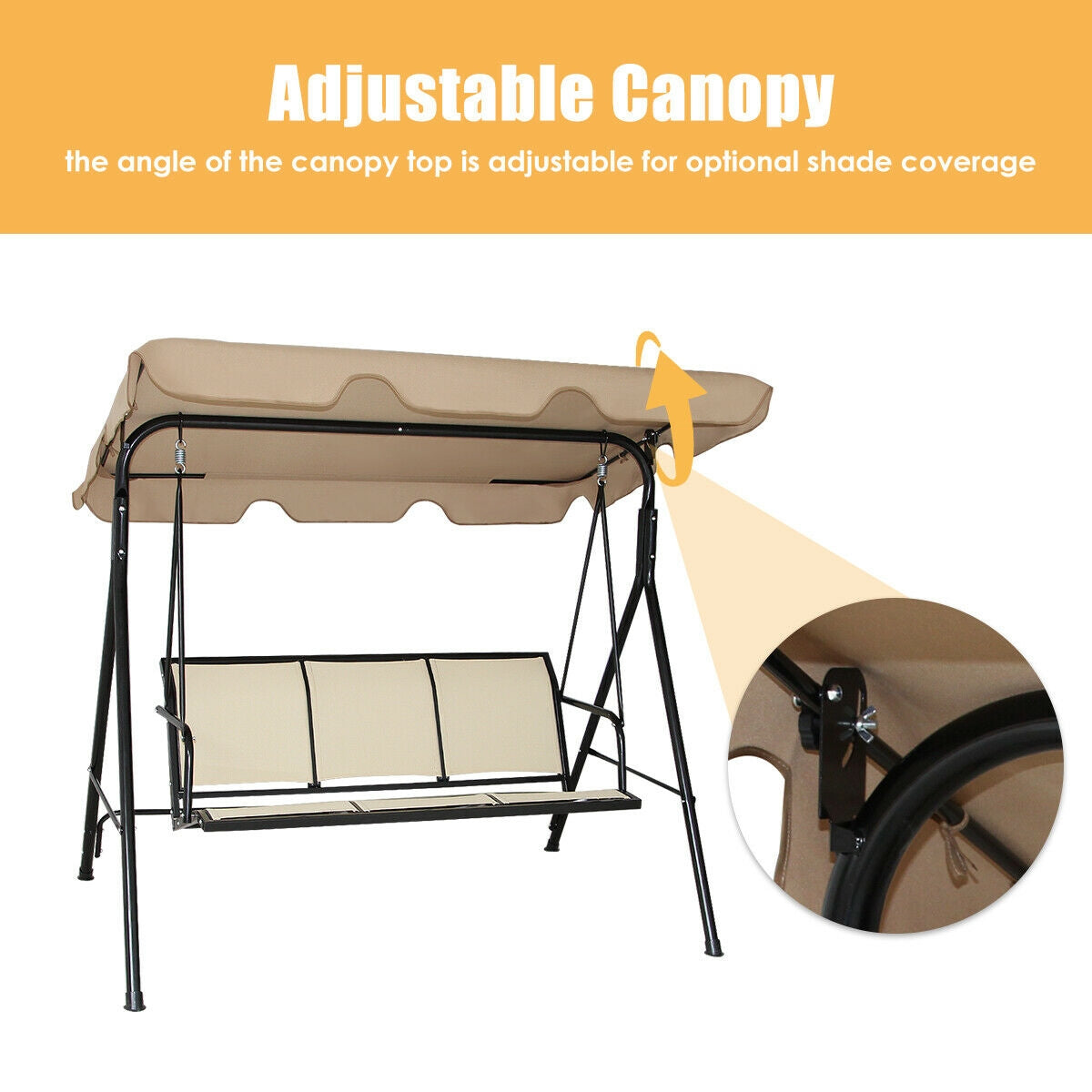 3 Person Steel Frame Patio Swing with Polyester Angle and Adjustable Canopy-Brown Kids Crystal
