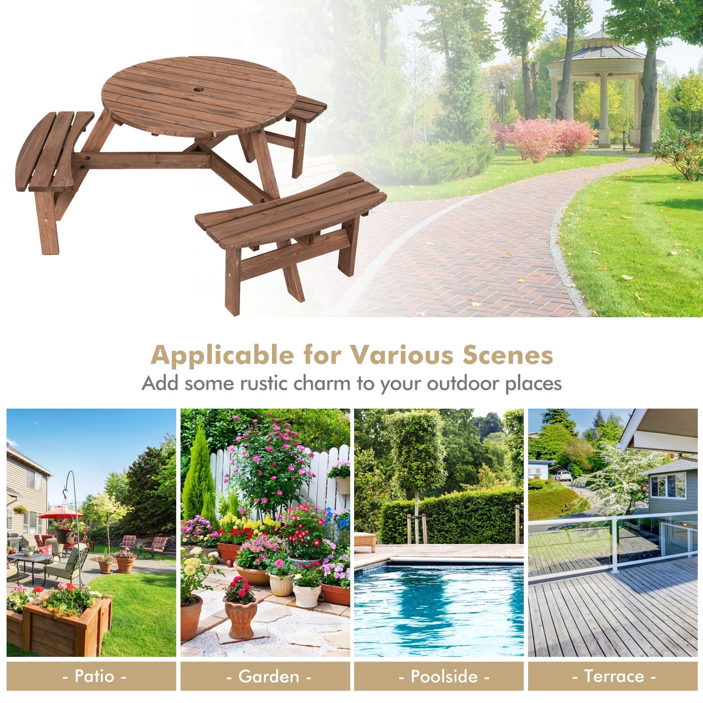 6 Person Wooden Picnic Table Set with Bench and Umbrella Hold Kids Crystal