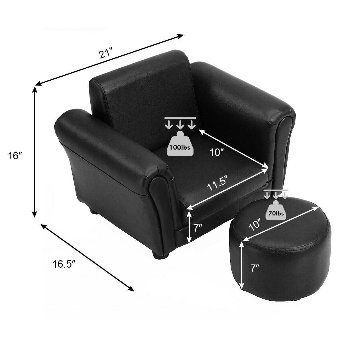 Black Kids Single Armrest Couch Sofa with Ottoman Kids Crystal
