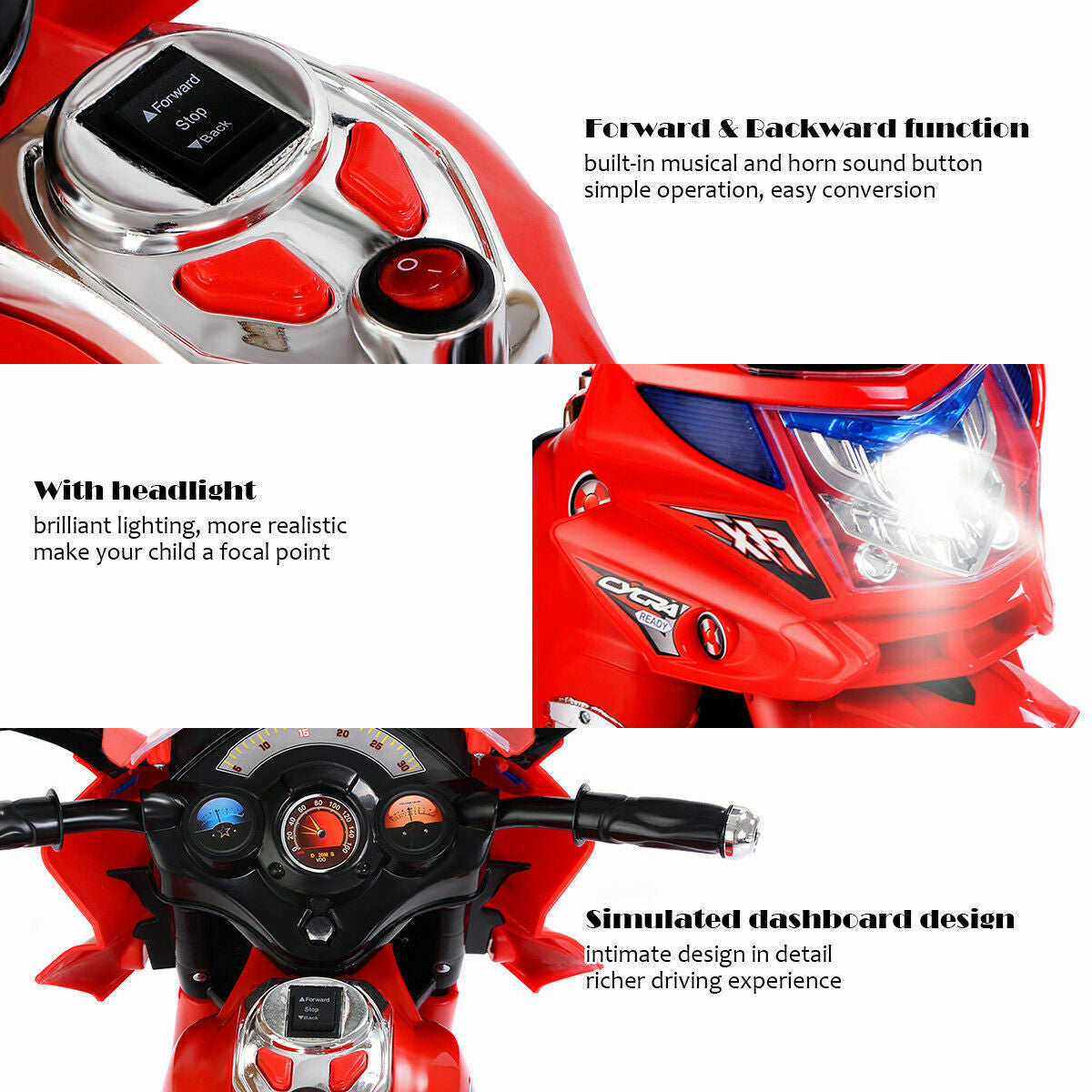 6V Powered 3 Wheels Kids Electric Ride-on Toy Motorcycle-Red