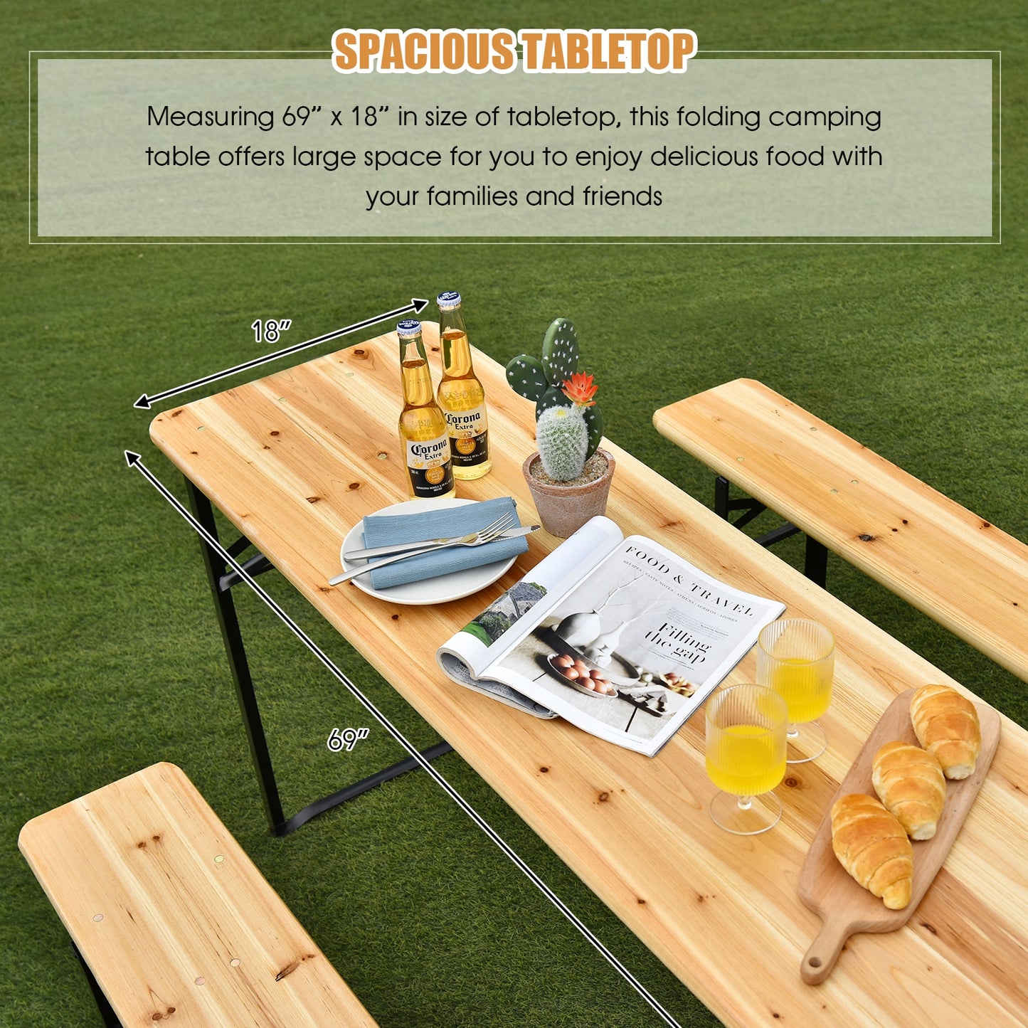 3 Pieces Folding Wooden Picnic Table Bench Set Kids Crystal