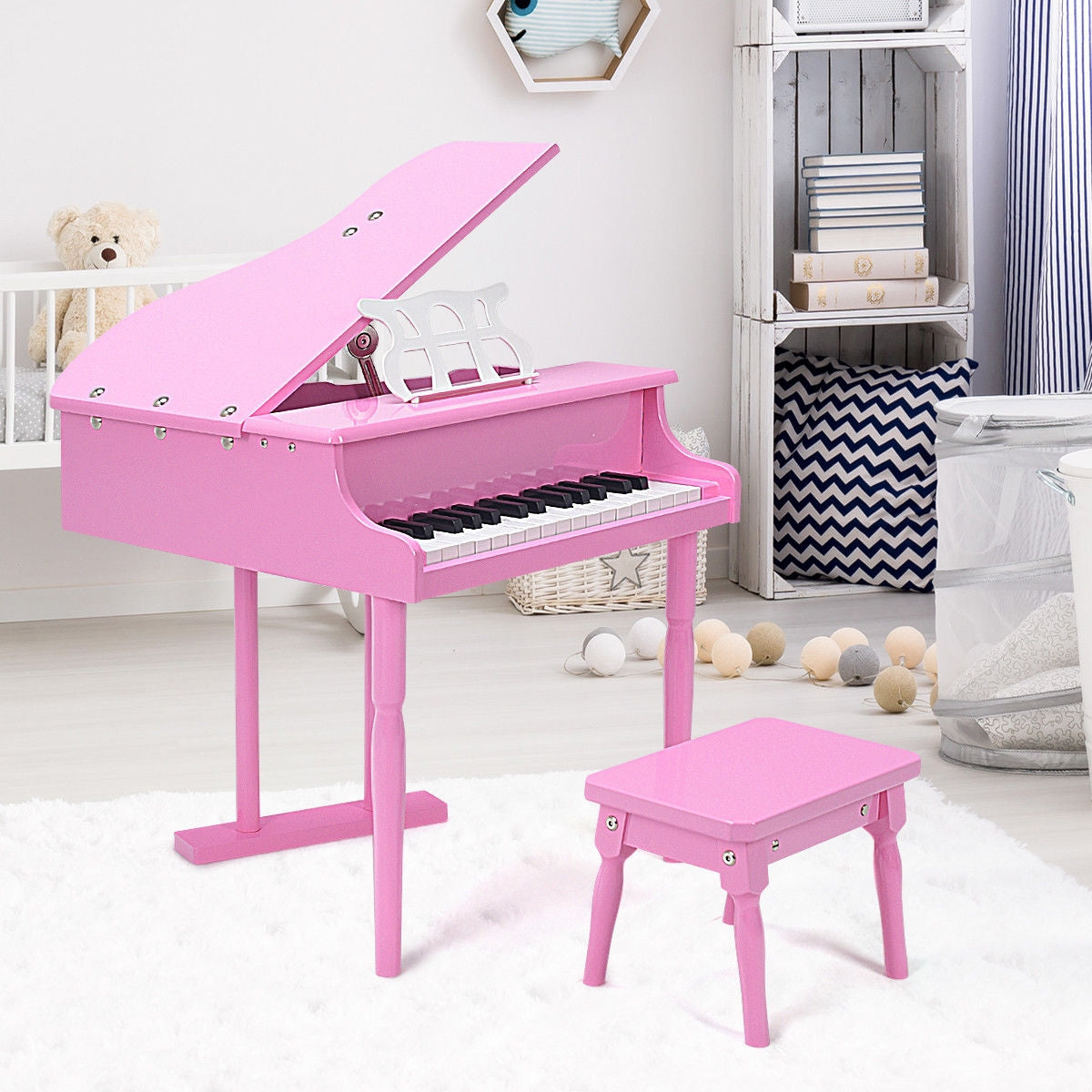 Musical Instrument Toy 30-Key Children Mini Grand Piano with Bench-Pink Kids Crystal