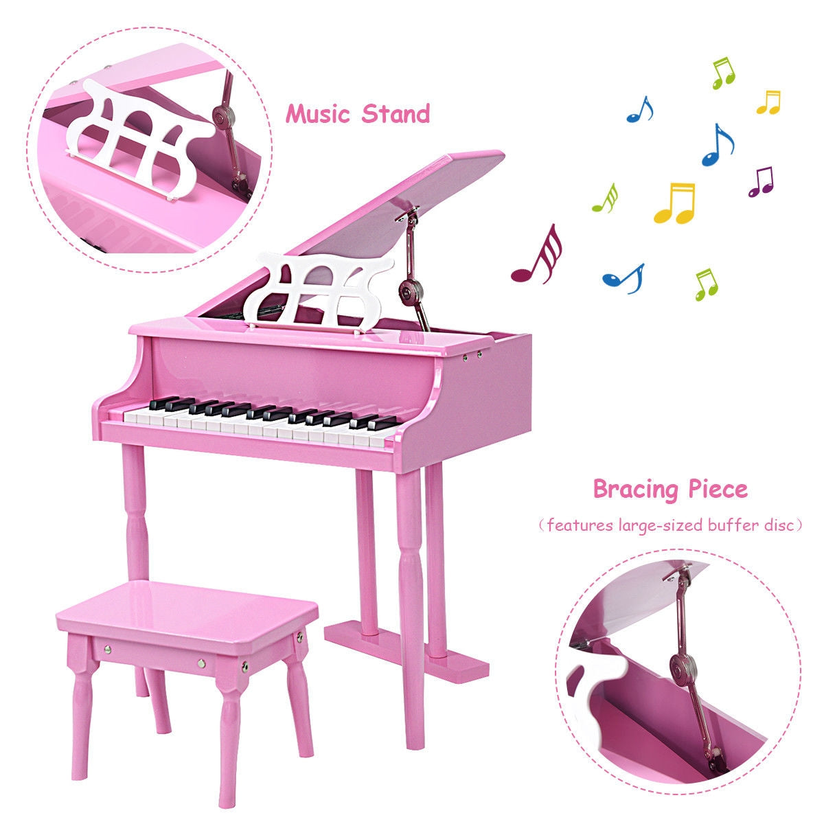 Musical Instrument Toy 30-Key Children Mini Grand Piano with Bench-Pink Kids Crystal