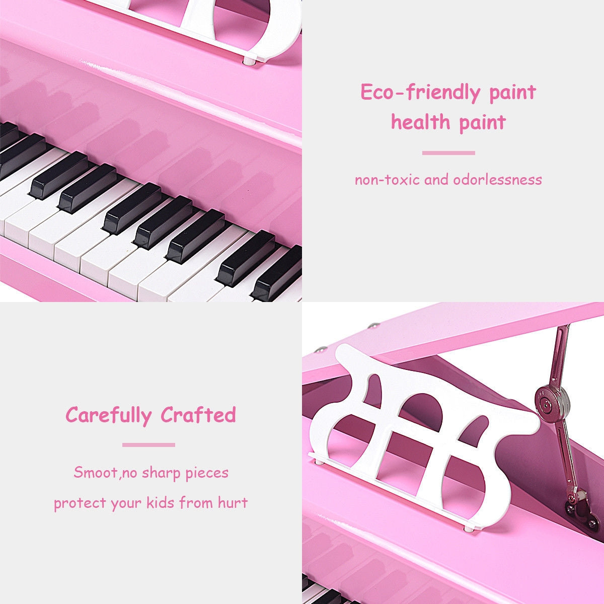Musical Instrument Toy 30-Key Children Mini Grand Piano with Bench-Pink Kids Crystal