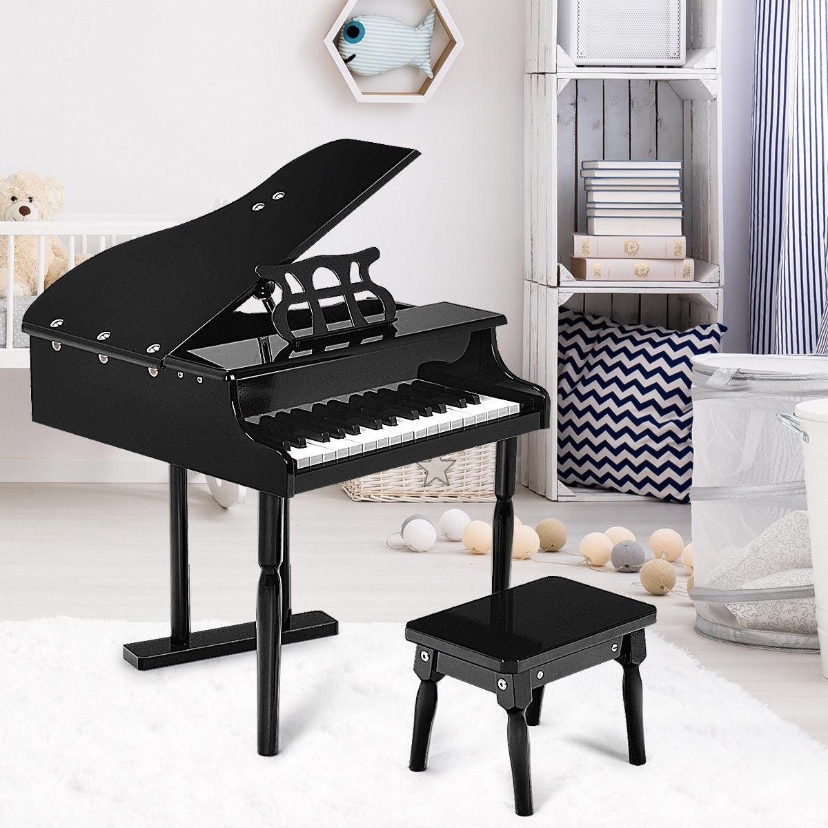 Musical Instrument Toy 30-Key Children Mini Grand Piano with Bench-Black Kids Crystal