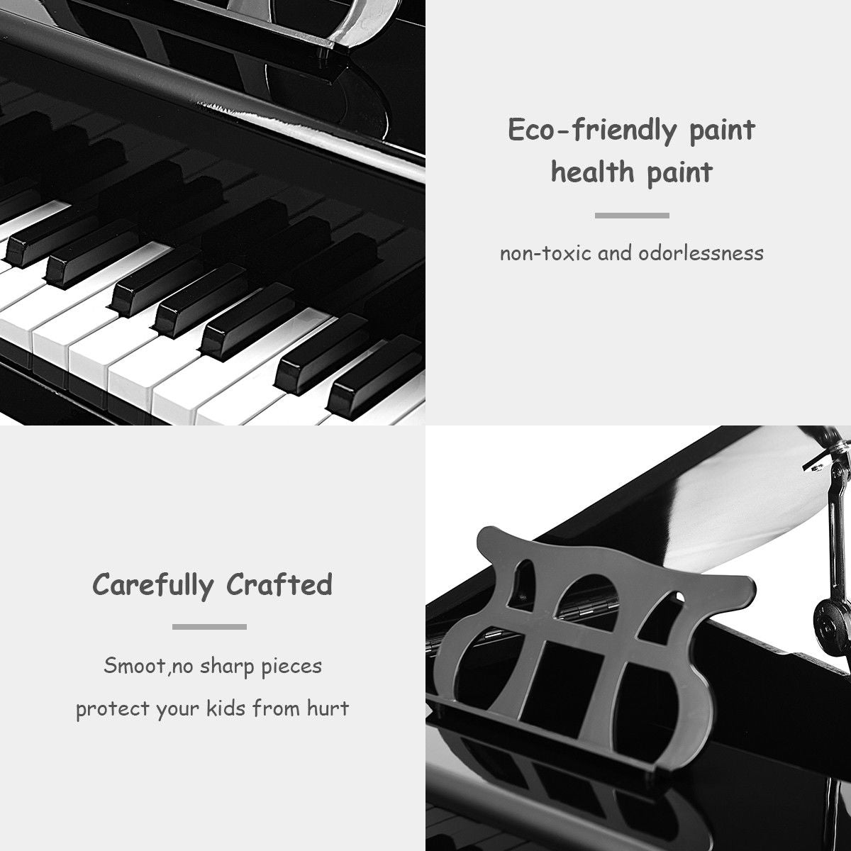 Musical Instrument Toy 30-Key Children Mini Grand Piano with Bench-Black Kids Crystal