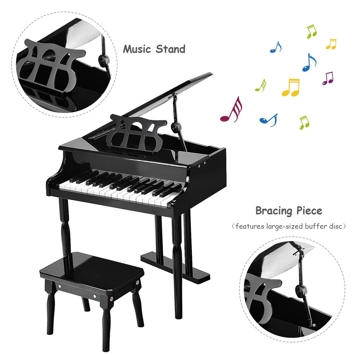 Musical Instrument Toy 30-Key Children Mini Grand Piano with Bench-Black Kids Crystal