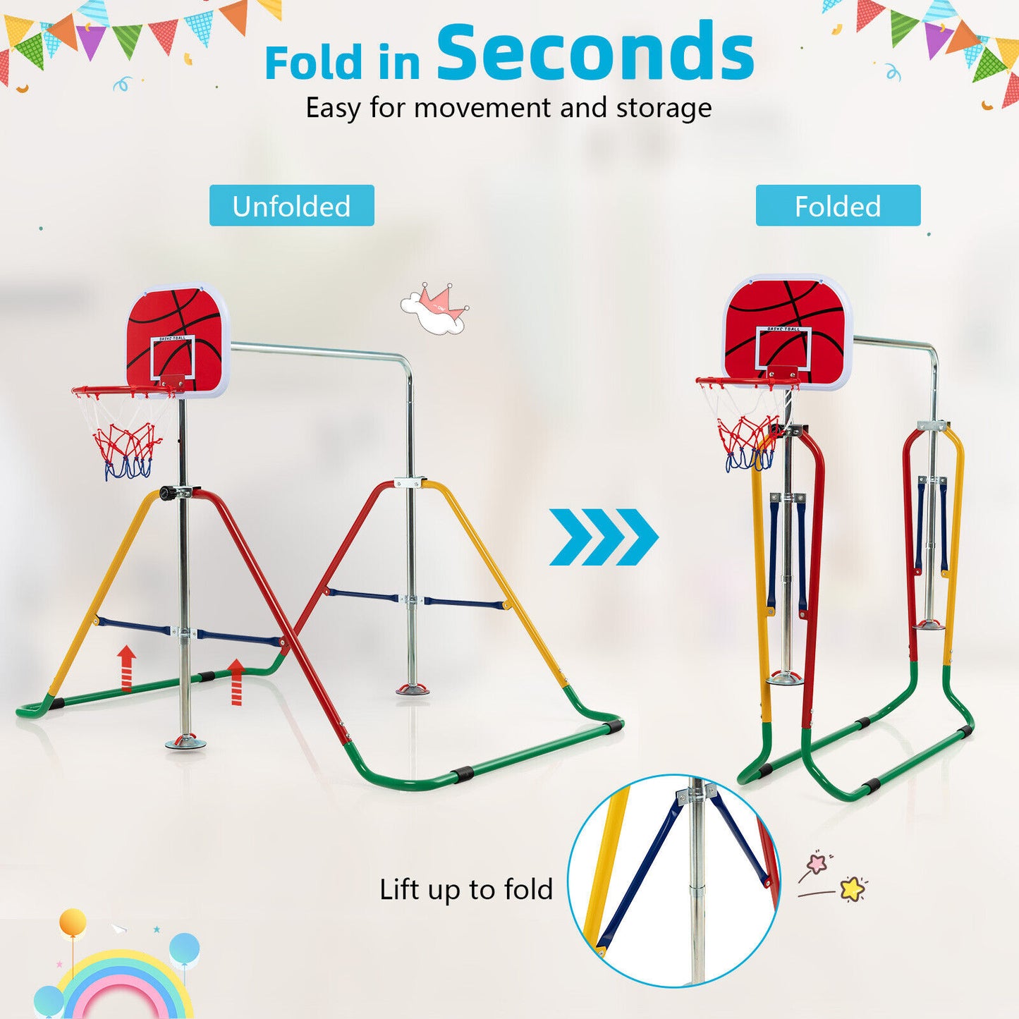 Kids Folding Horizontal Bar with 4 Adjustable Heights-Multicolor Kids Crystal