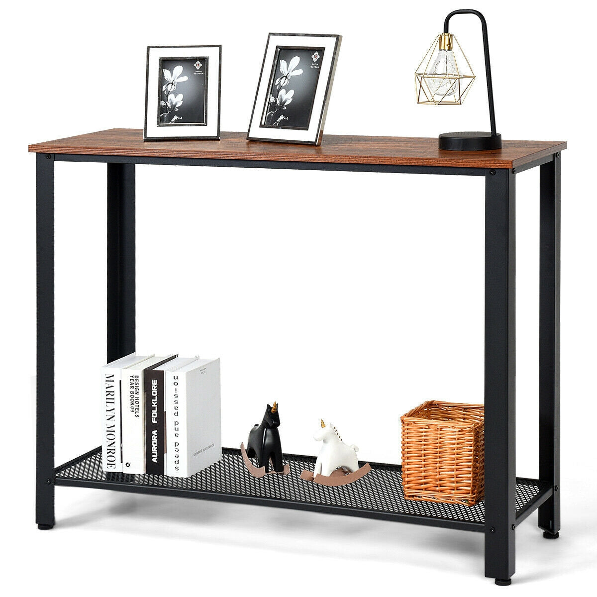Metal Frame Wood Console Sofa Table with Storage Shelf-Black Kids Crystal