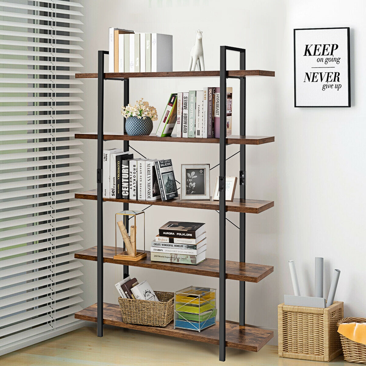 3/5 Tiers Industrial Bookcase with Metal Frame for Home Office-5-Tier Kids Crystal