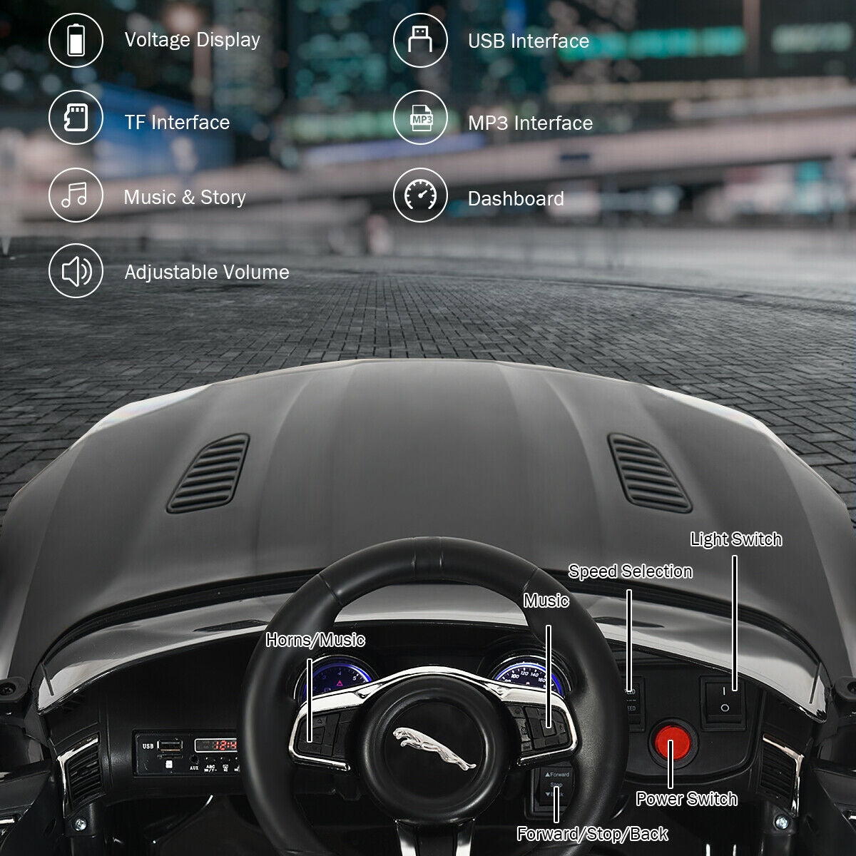 12V Jaguar F-Type SVR Licensed Kids Ride On Car-Black Kids Crystal