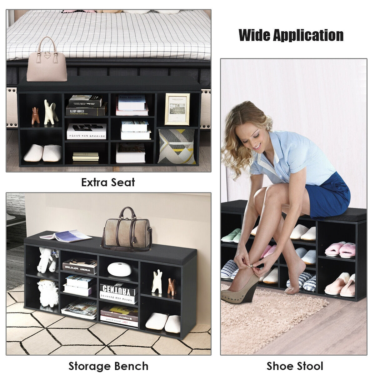 10-Cube Organizer Entryway Padded Shoe Storage Bench-Black Kids Crystal