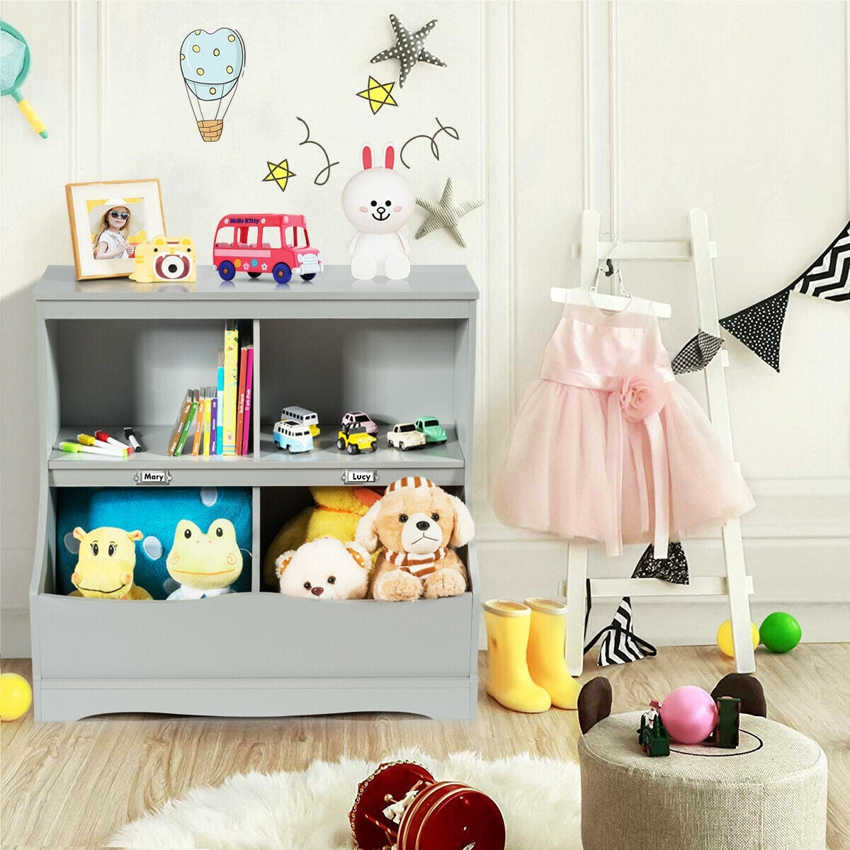 3-Tier Kids Bookcase Storage Organizer-Gray Kids Crystal