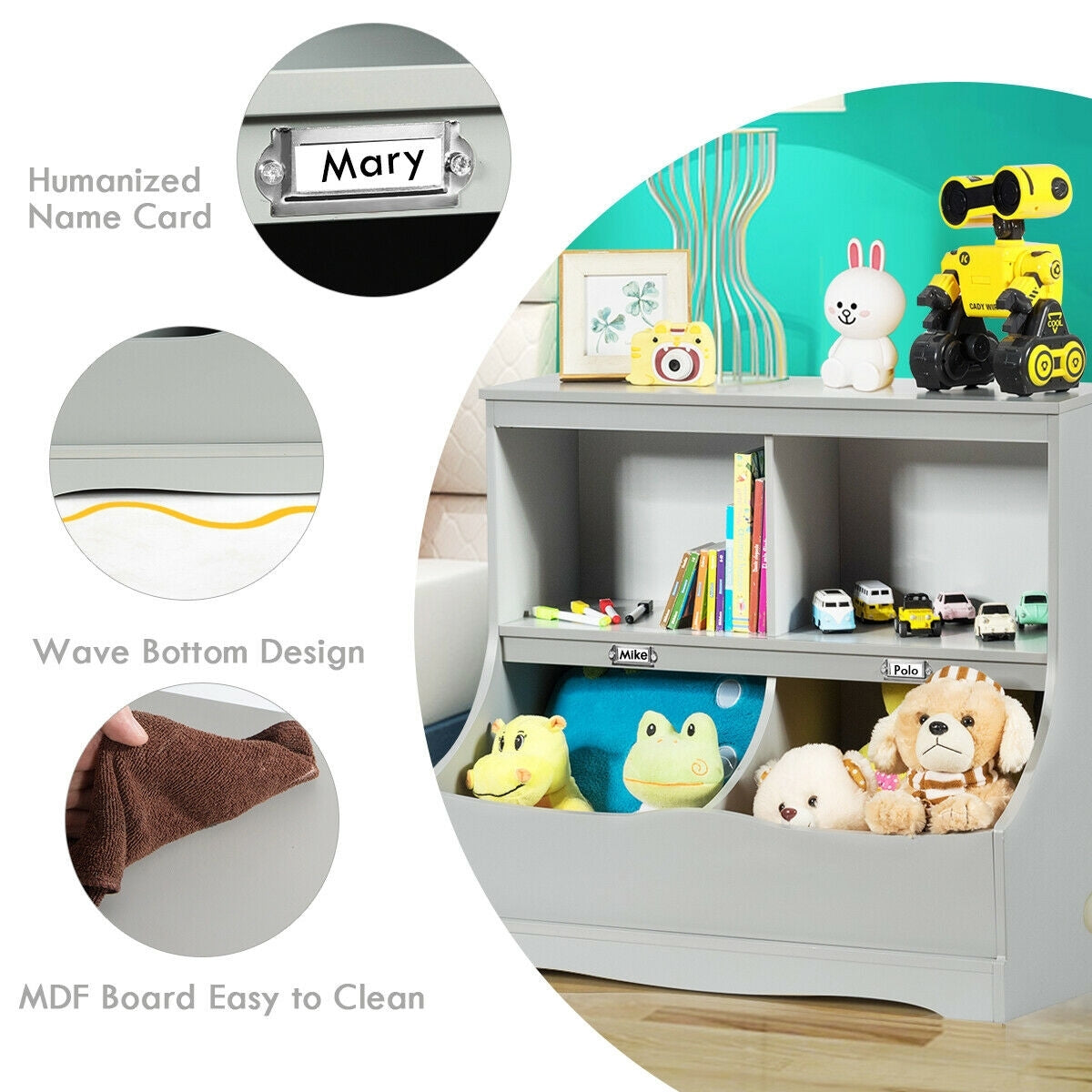 3-Tier Kids Bookcase Storage Organizer-Gray Kids Crystal
