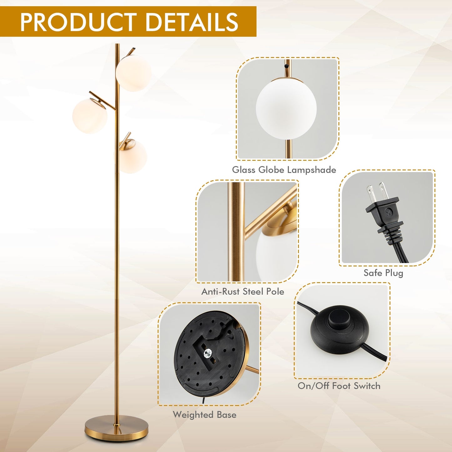 3-Globe Floor Lamp with Foot Switch and Bulb Bases-Golden Kids Crystal