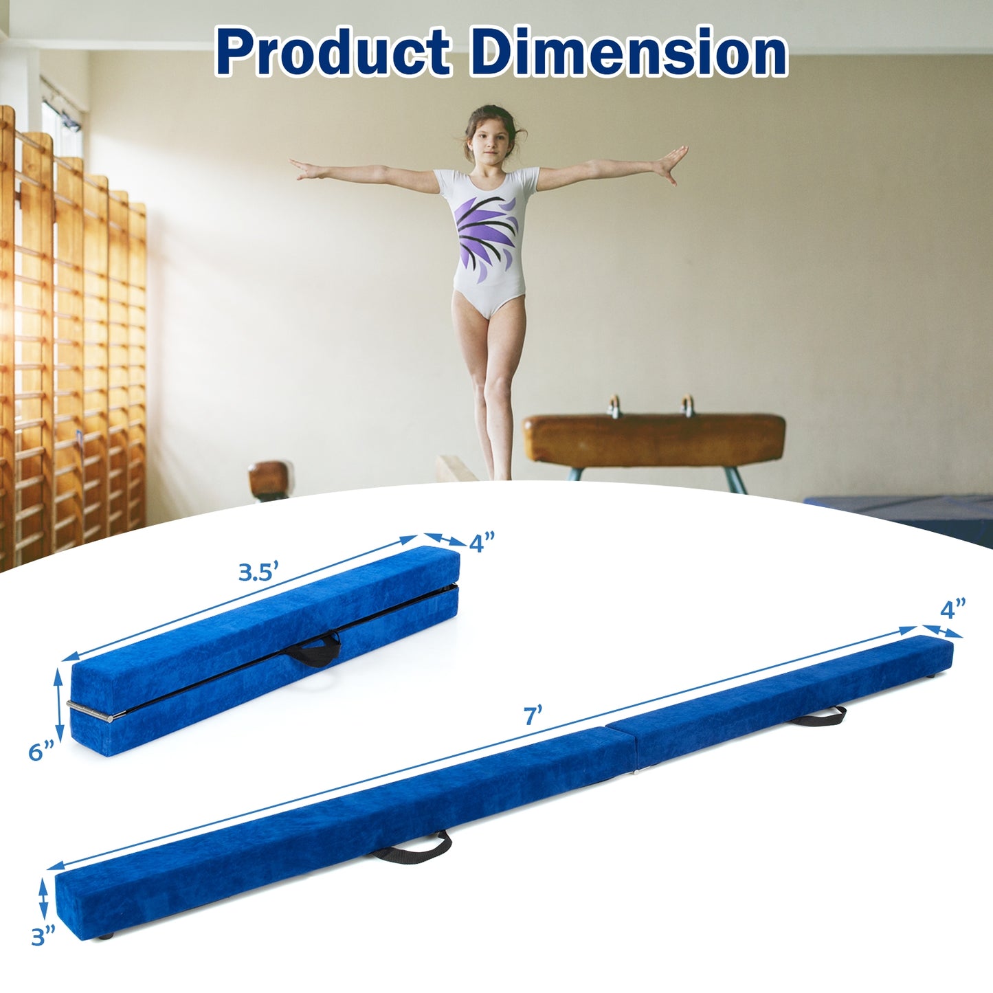 7 Feet Folding Portable Floor Balance Beam with Handles for Gymnasts-Blue Kids Crystal