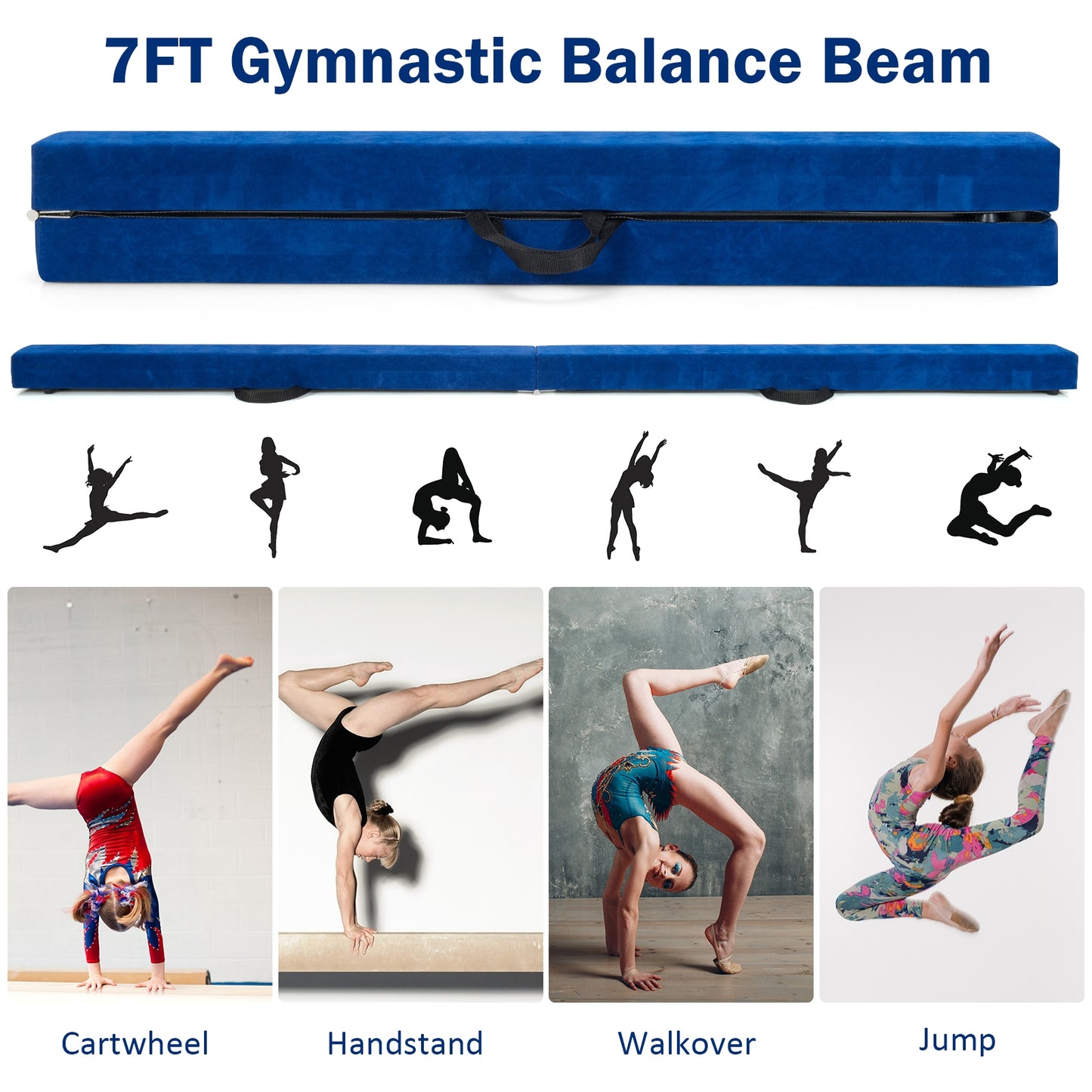 7 Feet Folding Portable Floor Balance Beam with Handles for Gymnasts-Blue Kids Crystal