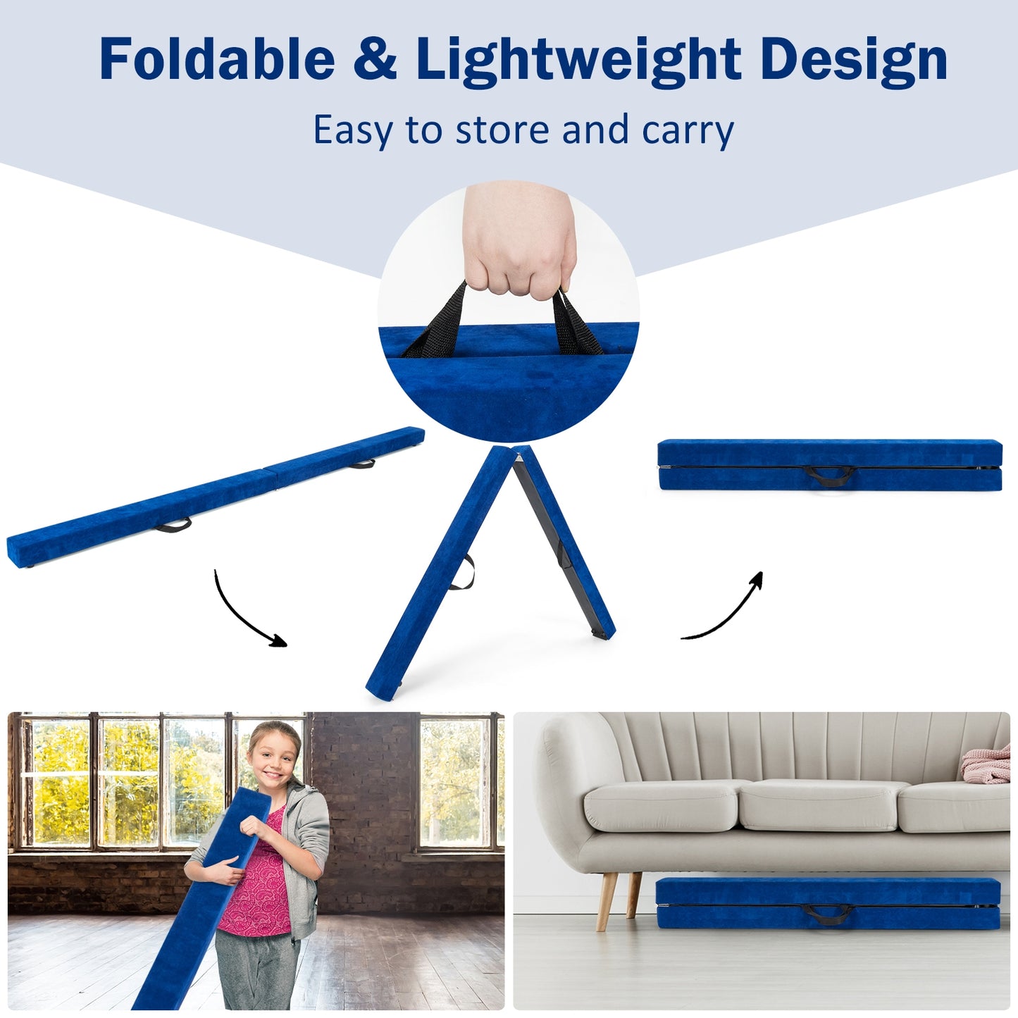 7 Feet Folding Portable Floor Balance Beam with Handles for Gymnasts-Blue Kids Crystal