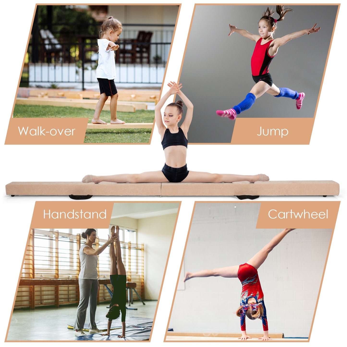 7 Feet Folding Portable Floor Balance Beam with Handles for Gymnasts-Brown Kids Crystal