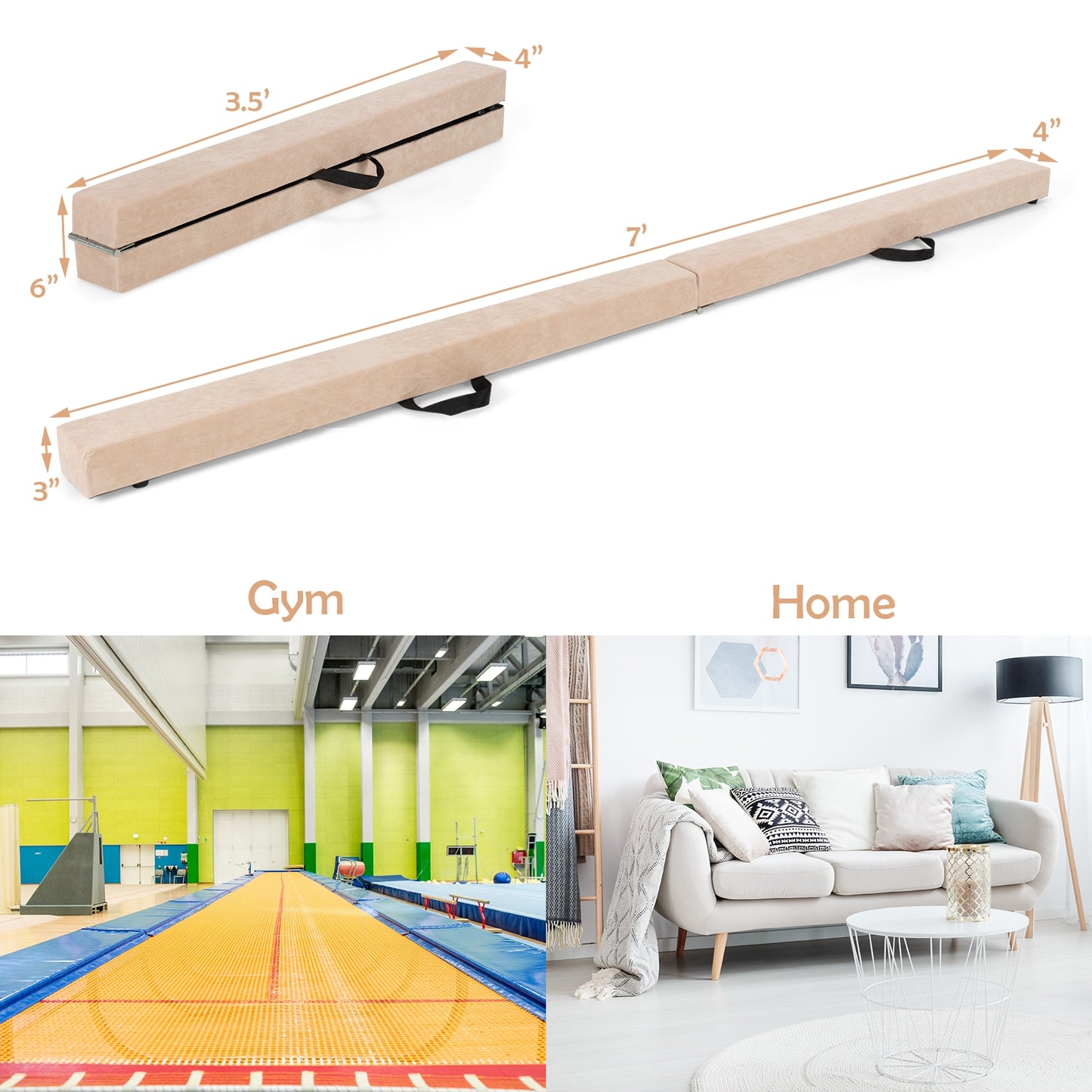 7 Feet Folding Portable Floor Balance Beam with Handles for Gymnasts-Brown Kids Crystal