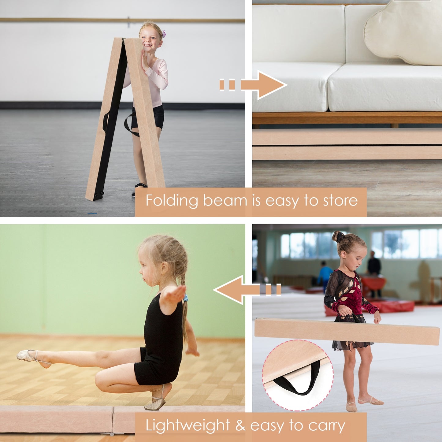 7 Feet Folding Portable Floor Balance Beam with Handles for Gymnasts-Brown Kids Crystal