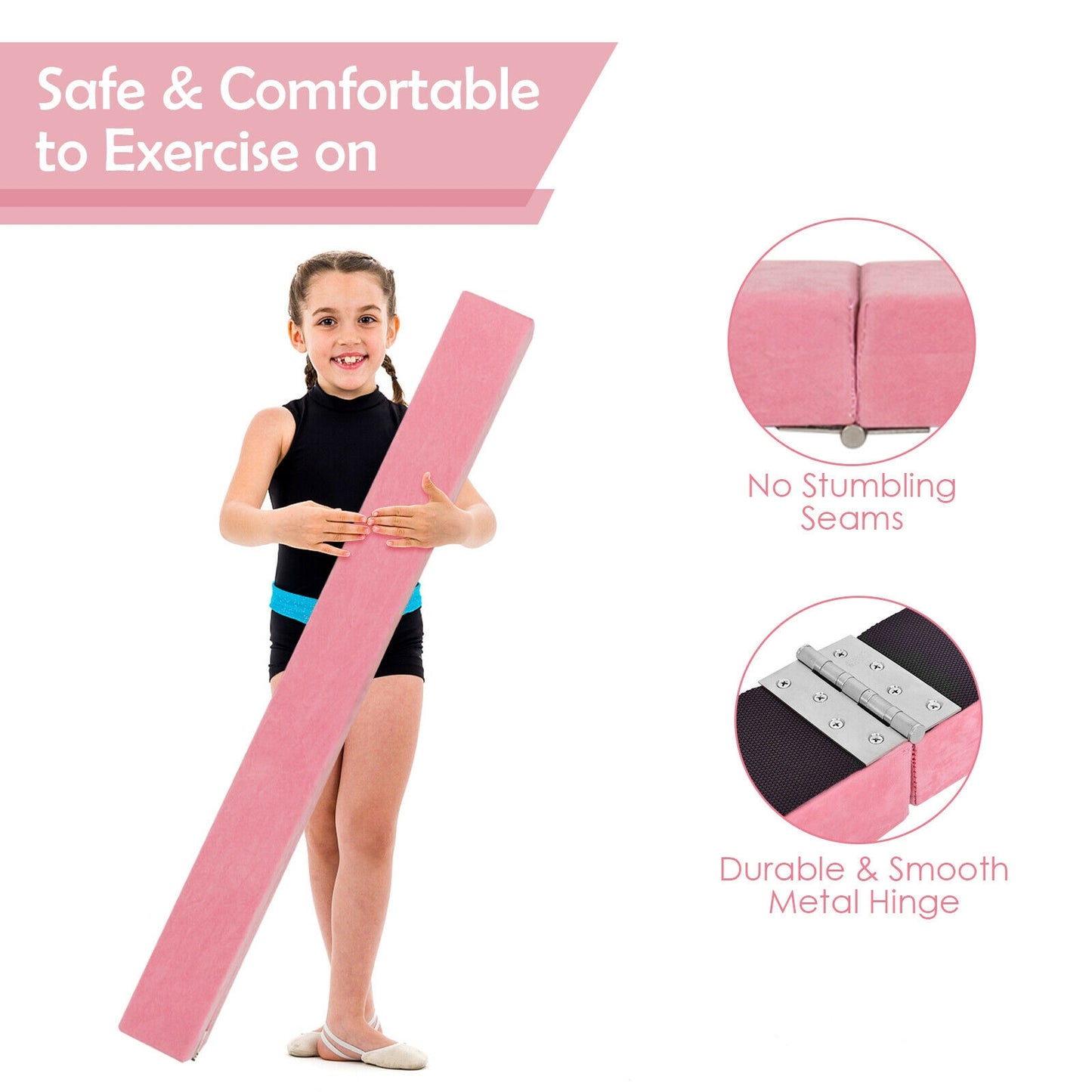 7 Feet Folding Portable Floor Balance Beam with Handles for Gymnasts-Pink Kids Crystal