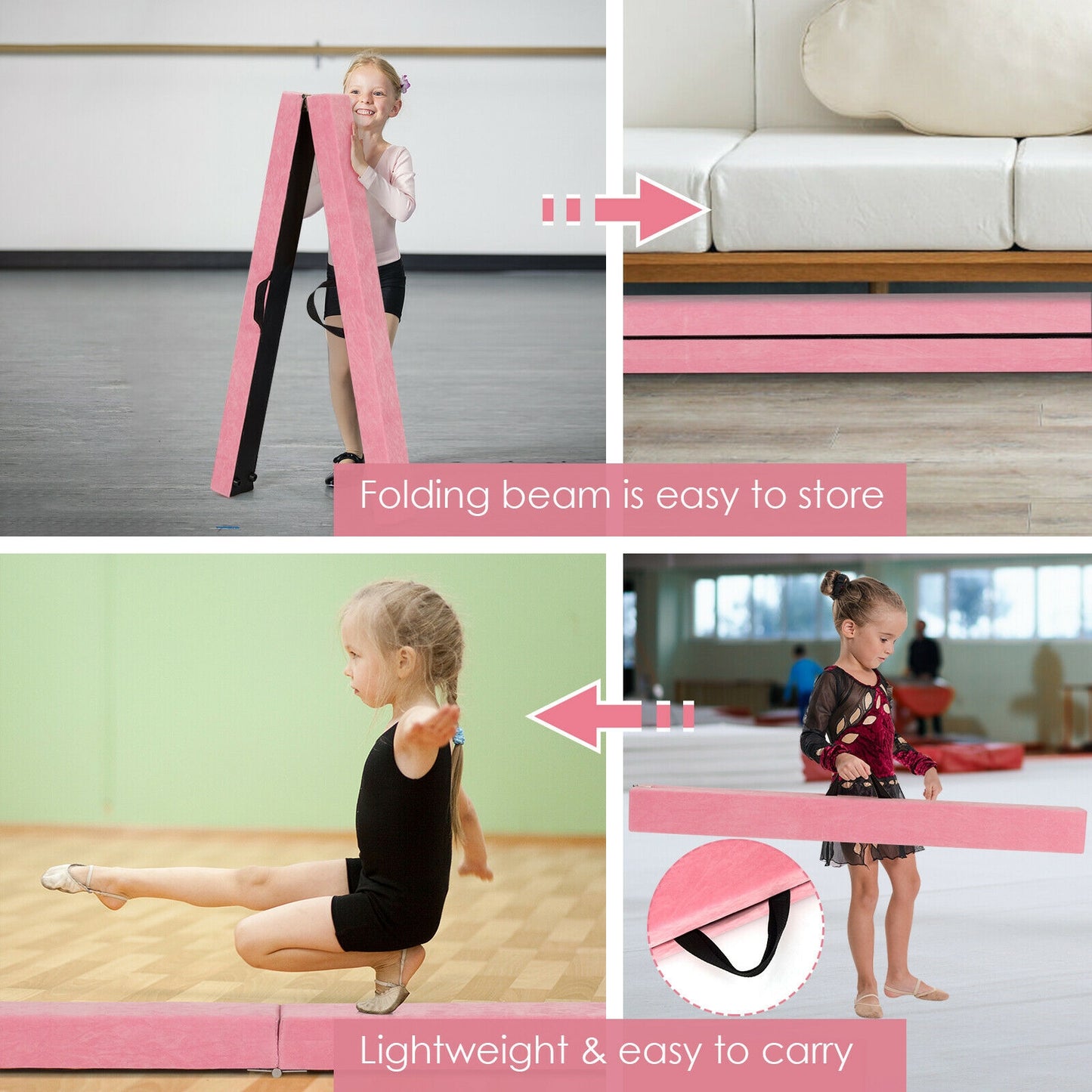 7 Feet Folding Portable Floor Balance Beam with Handles for Gymnasts-Pink Kids Crystal