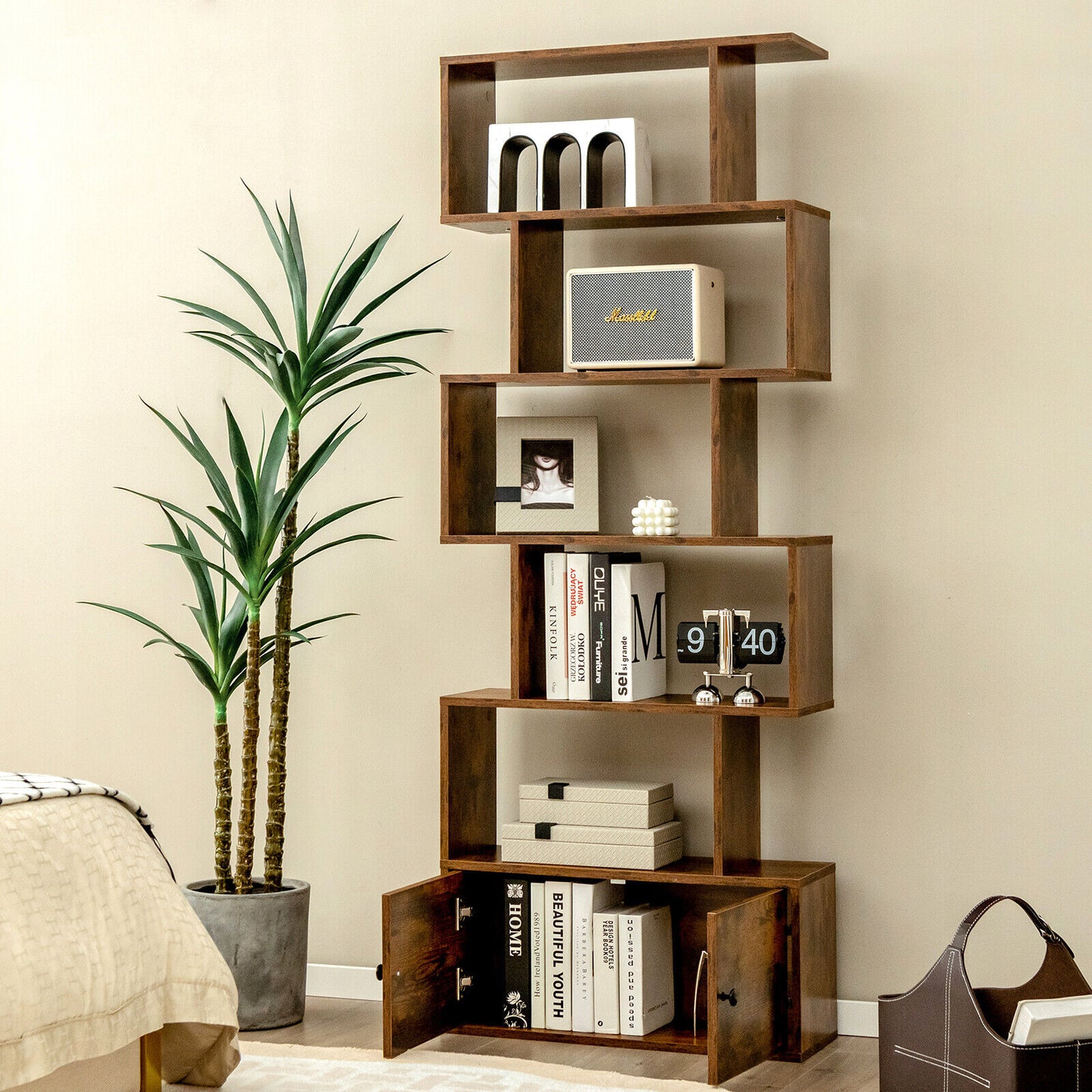 6-Tier S-Shaped Freestanding Bookshelf with Cabinet and Doors-Coffee Kids Crystal