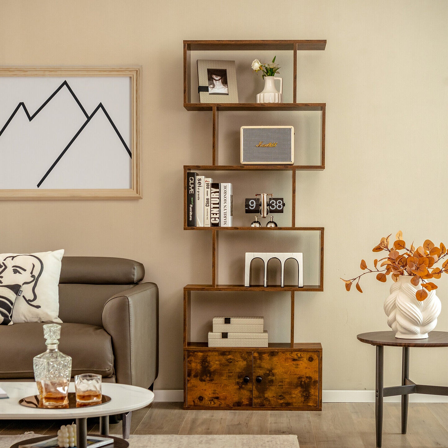 6-Tier S-Shaped Freestanding Bookshelf with Cabinet and Doors-Coffee Kids Crystal