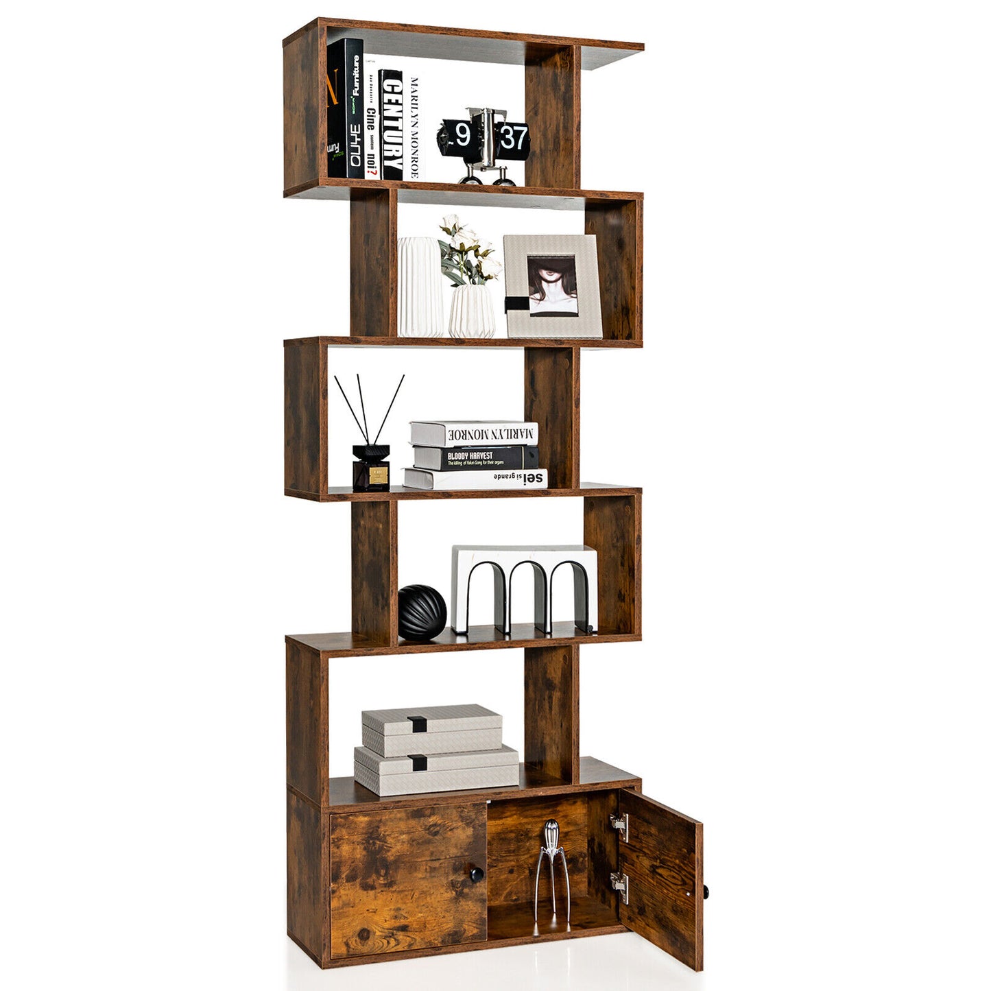 6-Tier S-Shaped Freestanding Bookshelf with Cabinet and Doors-Coffee Kids Crystal