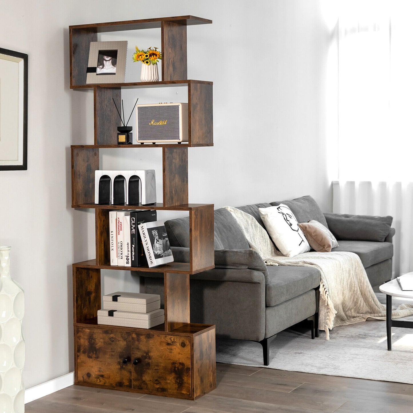 6-Tier S-Shaped Freestanding Bookshelf with Cabinet and Doors-Coffee Kids Crystal