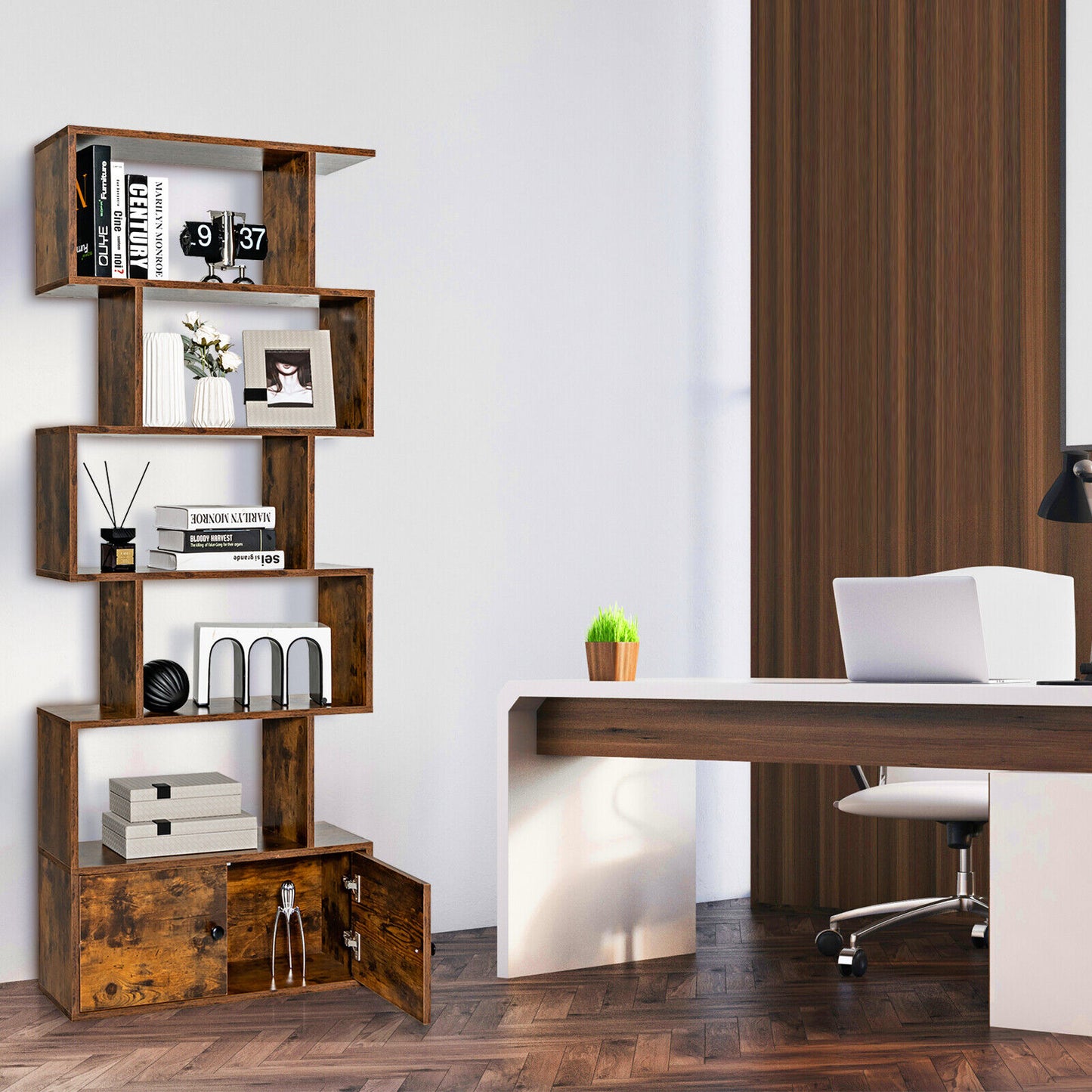 6-Tier S-Shaped Freestanding Bookshelf with Cabinet and Doors-Coffee Kids Crystal