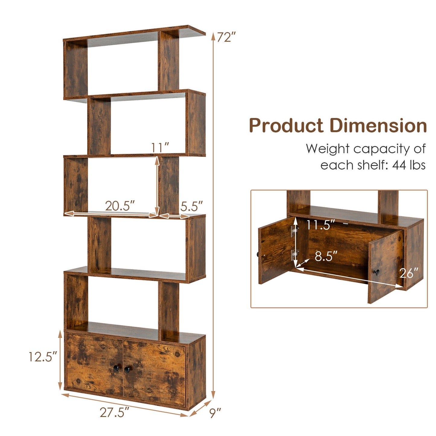 6-Tier S-Shaped Freestanding Bookshelf with Cabinet and Doors-Coffee Kids Crystal