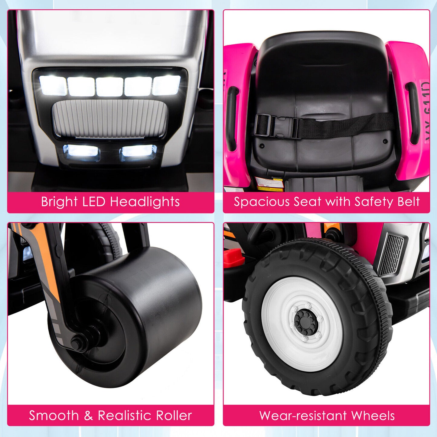 12V Kids Ride on Road Roller with 2.4G Remote Control-Pink Kids Crystal