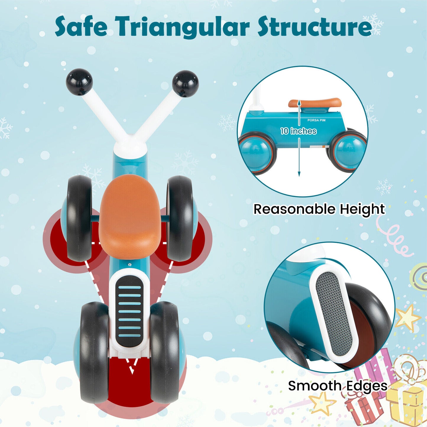 4 Wheels Baby Balance Bike without Pedal-Blue Kids Crystal