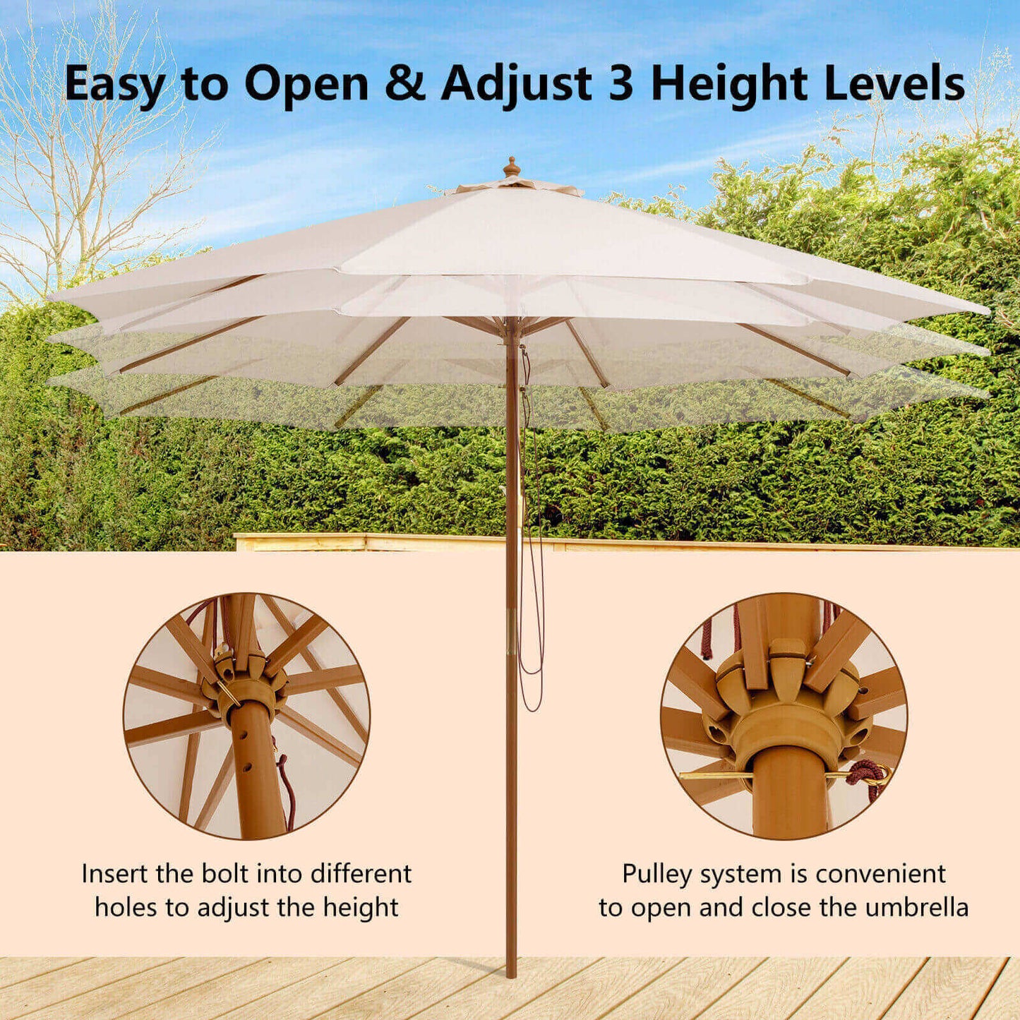 Adjustable 10 Feet Wooden Outdoor Umbrella Sunshade-Beige Kids Crystal