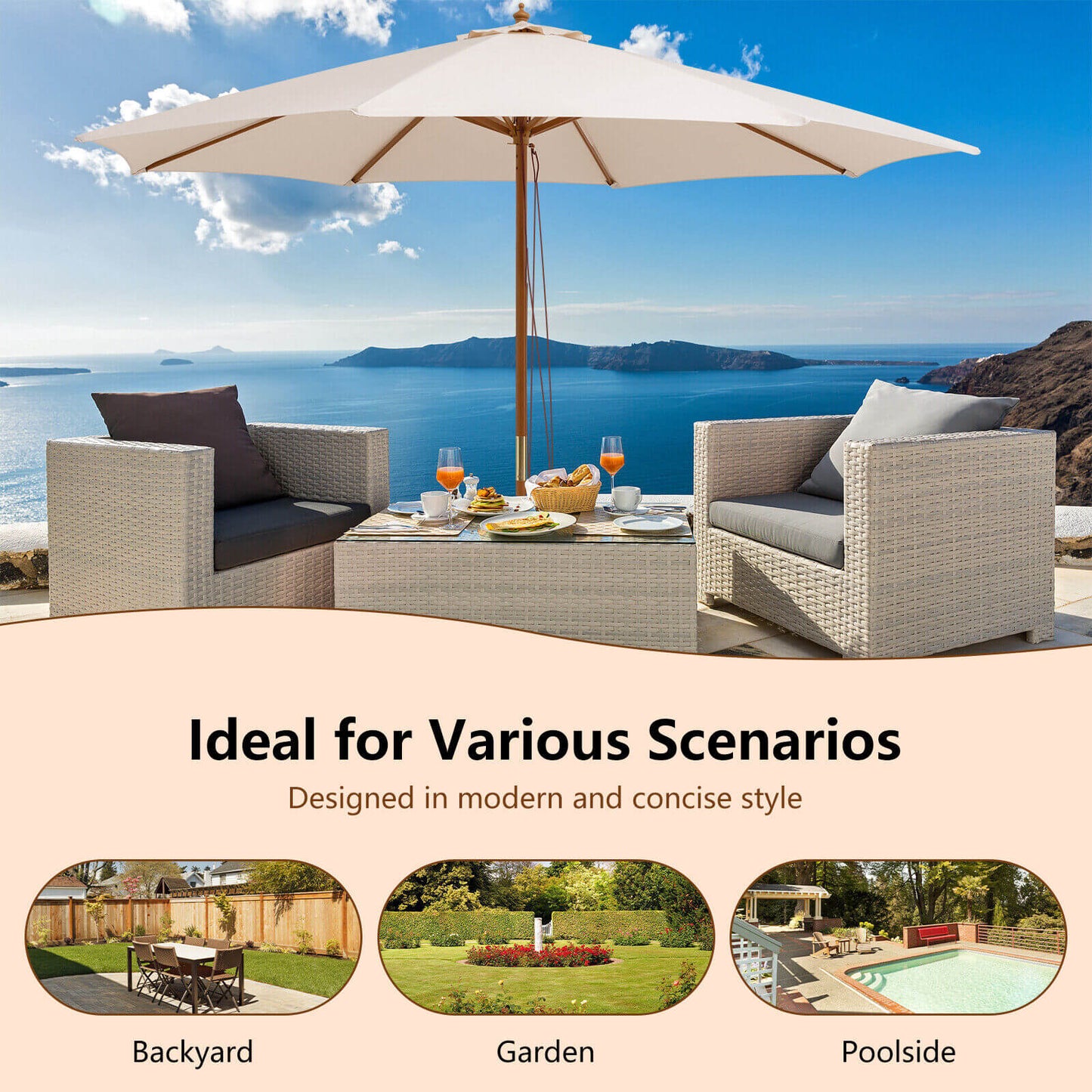 Adjustable 10 Feet Wooden Outdoor Umbrella Sunshade-Beige Kids Crystal
