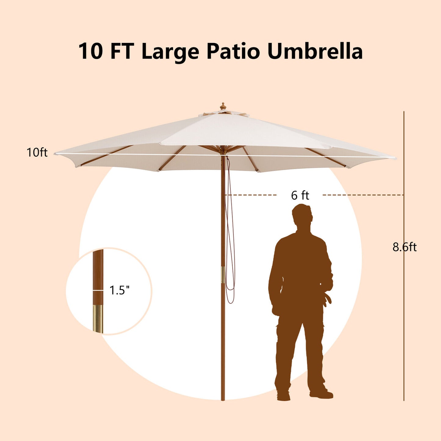 Adjustable 10 Feet Wooden Outdoor Umbrella Sunshade-Beige Kids Crystal