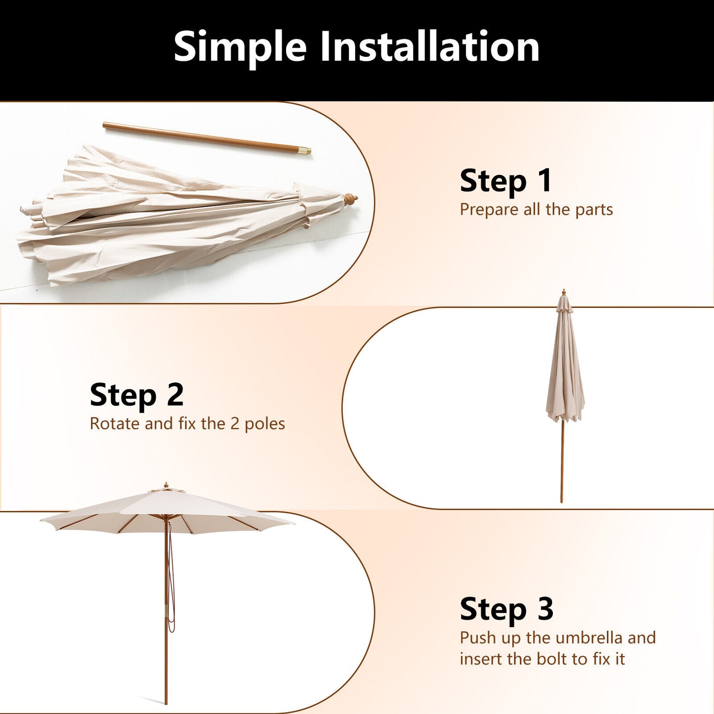 Adjustable 10 Feet Wooden Outdoor Umbrella Sunshade-Beige Kids Crystal